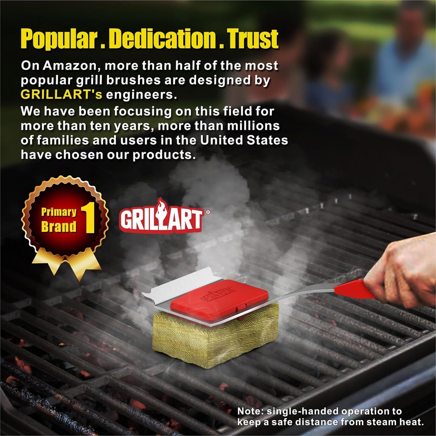 Grill Brush Bristle Free. Steamwizards BBQ Replaceable Cleaning Head, Unique Seamless-Fit Scraper Tool for Cast Iron/Stainless-Steel Grates, Safe Barbecue Grill Cleaner-Red