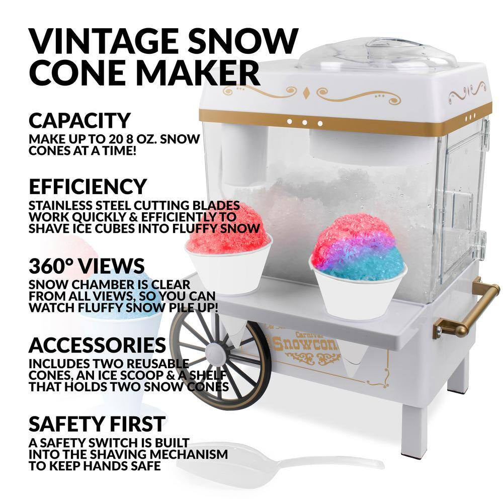 "Beat the heat with our 160 Oz. White Snow Cone Machine! Includes 2 cones and an ice scoop for instant cooling refreshment. Perfect for parties, events, or just a fun treat at home."