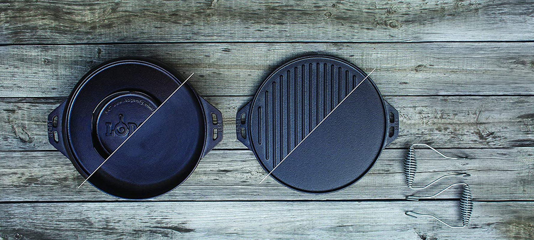 Lodge Cast Iron Cook-It-All Kit. Five-Piece Cast Iron Set Includes a Reversible Grill/Griddle 14 Inch, 6.8 Quart Bottom/Wok, Two Heavy Duty Handles, and a Tips & Tricks Booklet.