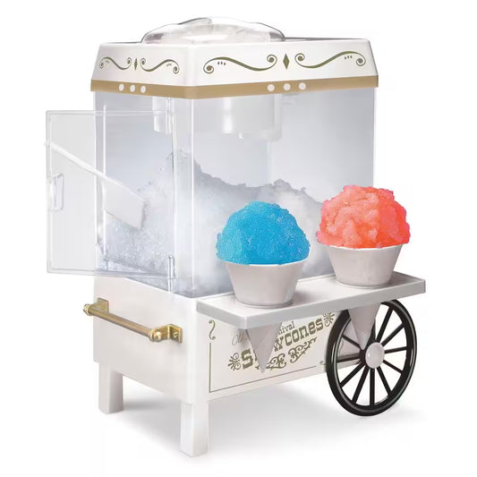 "Beat the heat with our 160 Oz. White Snow Cone Machine! Includes 2 cones and an ice scoop for instant cooling refreshment. Perfect for parties, events, or just a fun treat at home."
