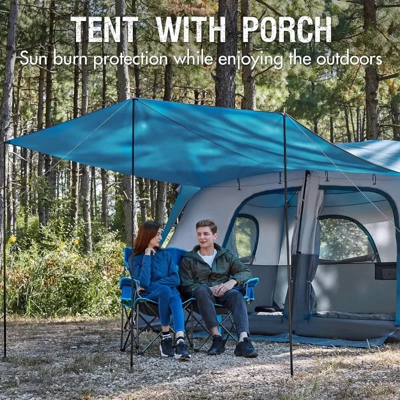 10 Person Camping Tent with Porch, Big Family Cabin Tent 2 Rooms, 2 Doors, 2 Ground Vents, 6 Large Mesh Windows, Divided Curtain