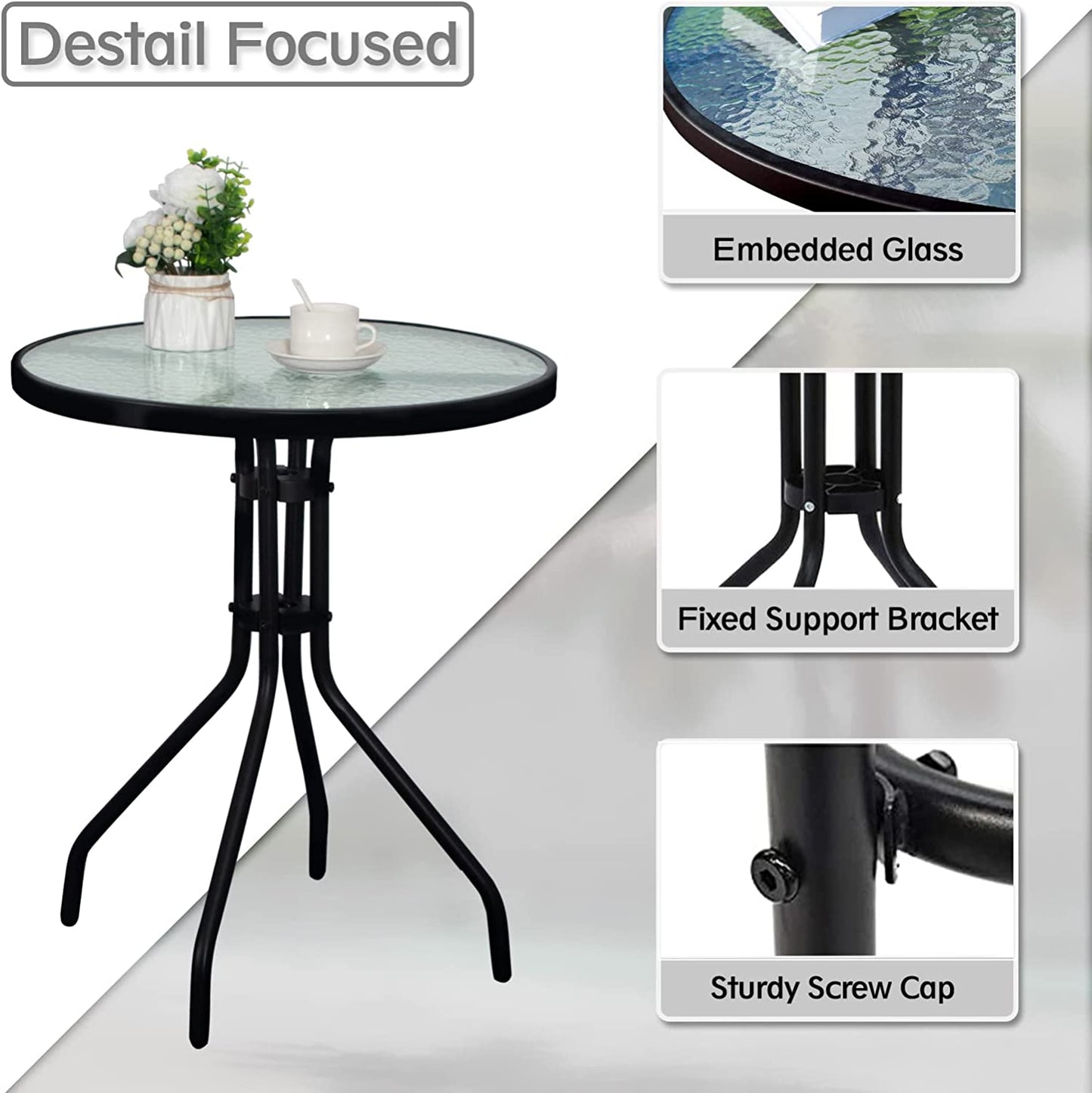 DIMAR GARDEN 24" Outdoor Side Table Patio Metal round Bistro Coffee Table with Glass Top,Black