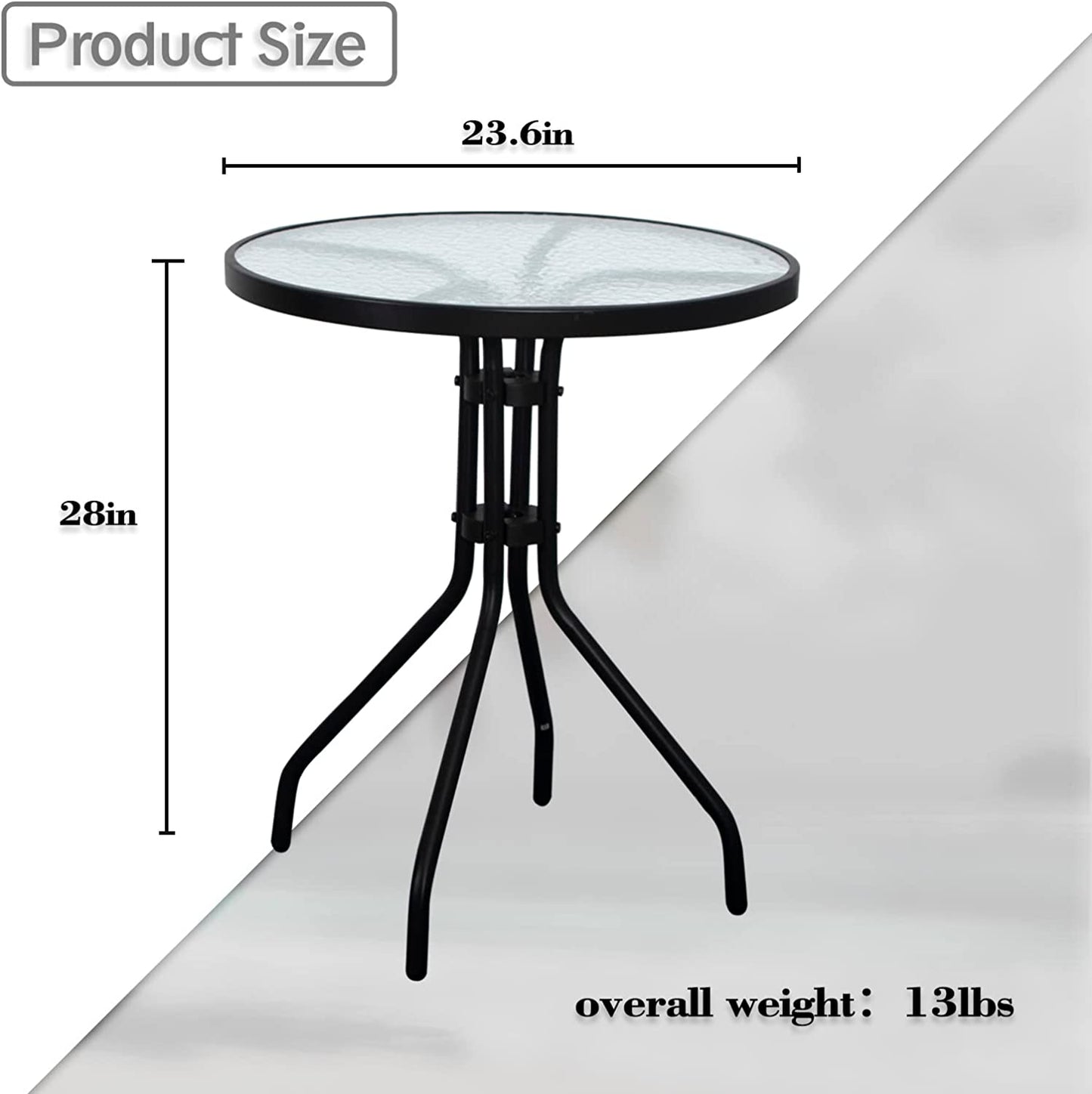 DIMAR GARDEN 24" Outdoor Side Table Patio Metal round Bistro Coffee Table with Glass Top,Black