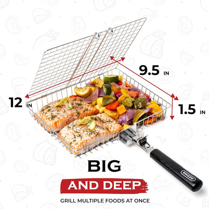 Mr. Barbecue Stainless Steel Folding Grill Basket with Brush and Heat-Resistant Glove - Portable Outdoor Camping BBQ Accessories for Chicken, Meat, Fish, Steak, Vegetables, Kabobs, Chops, Seafood