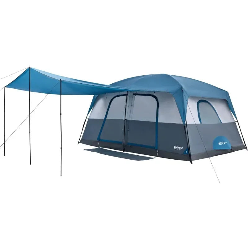 10 Person Camping Tent with Porch, Big Family Cabin Tent 2 Rooms, 2 Doors, 2 Ground Vents, 6 Large Mesh Windows, Divided Curtain
