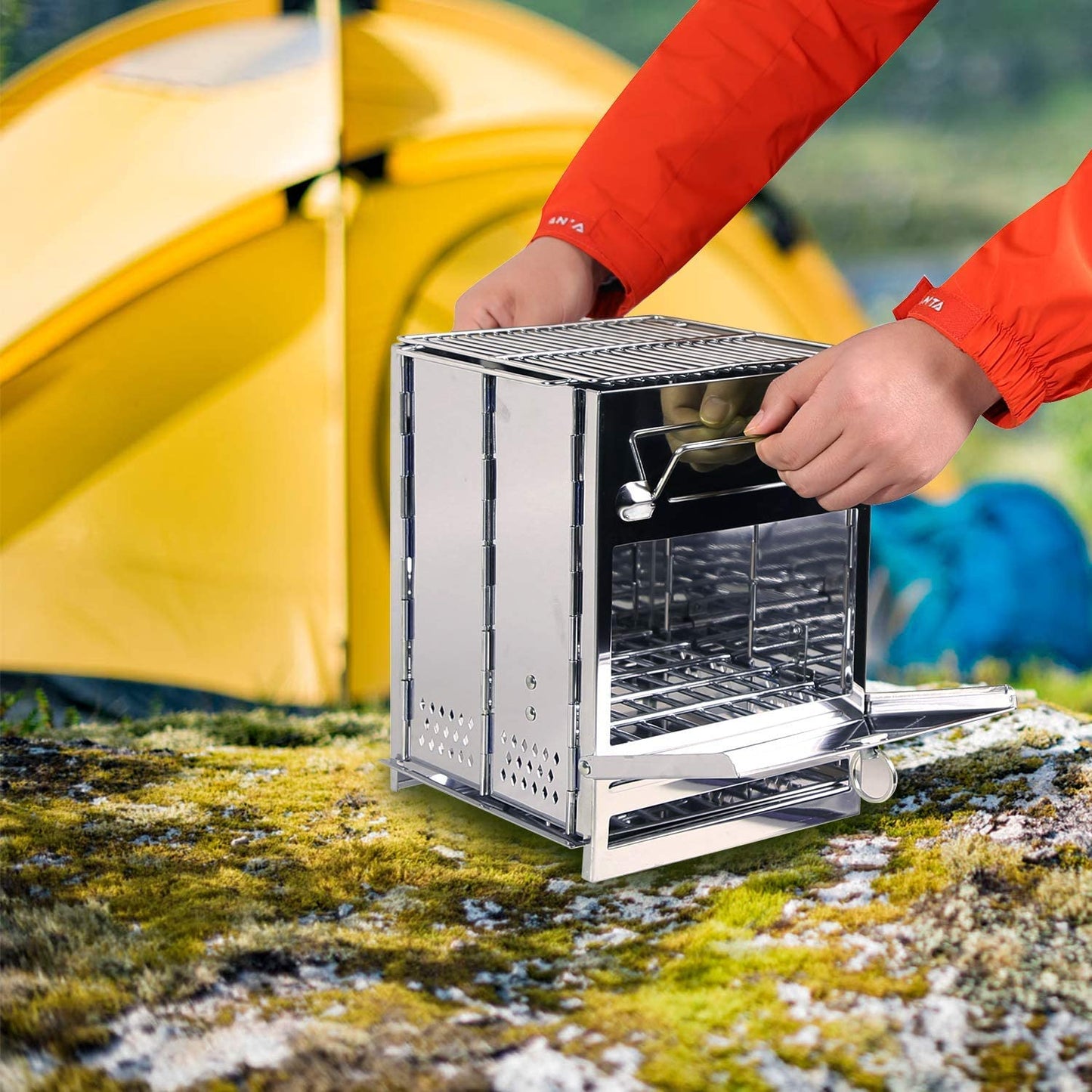 REDCAMP Portable Wood Burning Camp Stove, Large Folding Rocket Stove for Hiking Camping Picnic BBQ