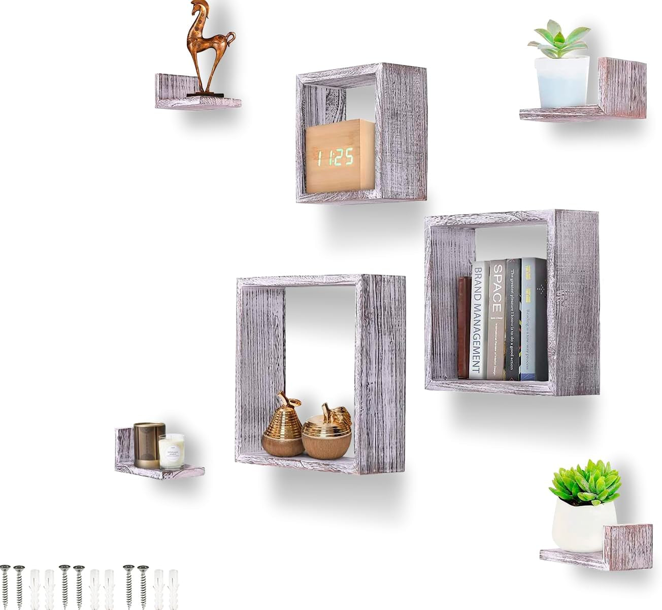 Comfify Rustic Wall Mounted Square Shaped Floating Shelves – Set of 7 – 3 Square Shelves and 4 L-Shaped Rustic Shelves – Screws and Anchors Included – Rustic Wall Décor - Rustic White