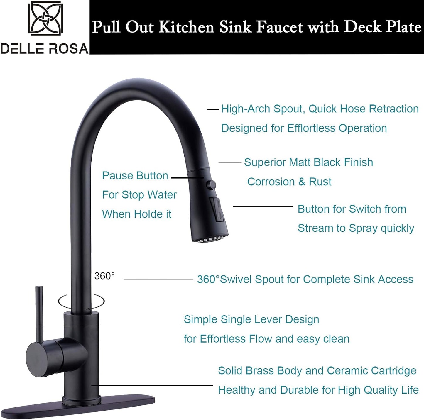 Delle Rosa Kitchen Faucet, Matte Black Kitchen Faucet, Pause Function Pre-Rinse Kitchen Faucet with Pull down Sprayer, Kitchen Faucet with Deck Plate