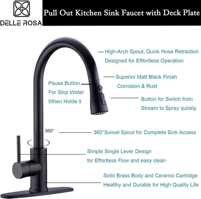 Delle Rosa Kitchen Faucet, Matte Black Kitchen Faucet, Pause Function Pre-Rinse Kitchen Faucet with Pull down Sprayer, Kitchen Faucet with Deck Plate