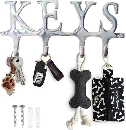 Comfify Key Holder for Wall - Cast Iron Decorative Farmhouse Rustic Wall Mount Key Organizer - 4 Key Hooks - Vintage Key Rack for Entryway with Screws and Anchors – 6X8” - Silver